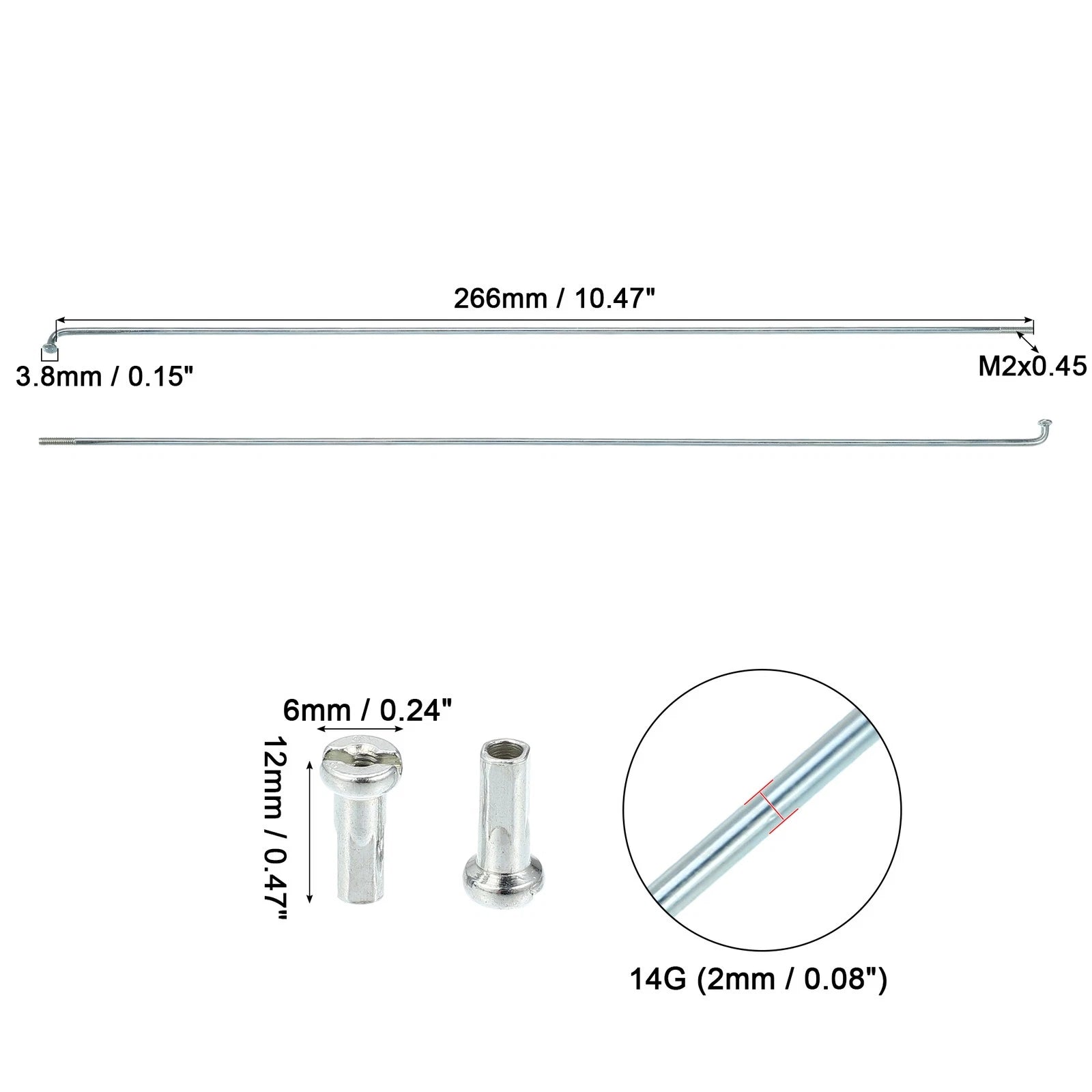 Bicycle Spokes Kit 14G J Bend 266mm with Nipples for Universal Use