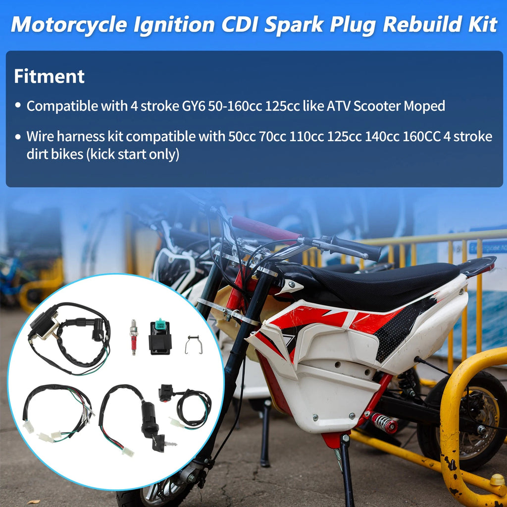Ignition Wire Harness Key Switch CDI Spark Plug Kit for Motorcycle