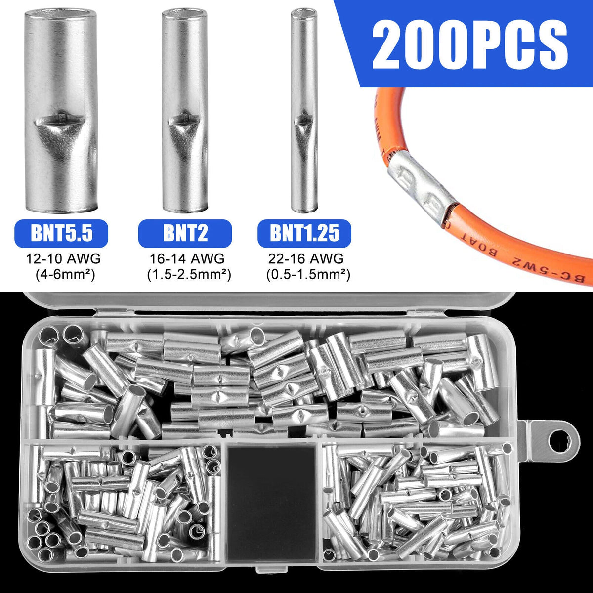 200Pcs Butt Crimp Connectors for 22-10 AWG Wire Splice Terminals