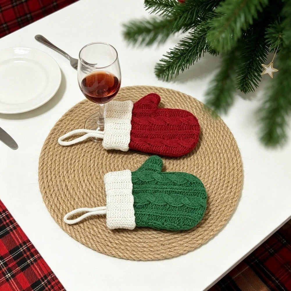 Set of 6 Holiday Themed Knit Mittens for Fork Utensil Covers