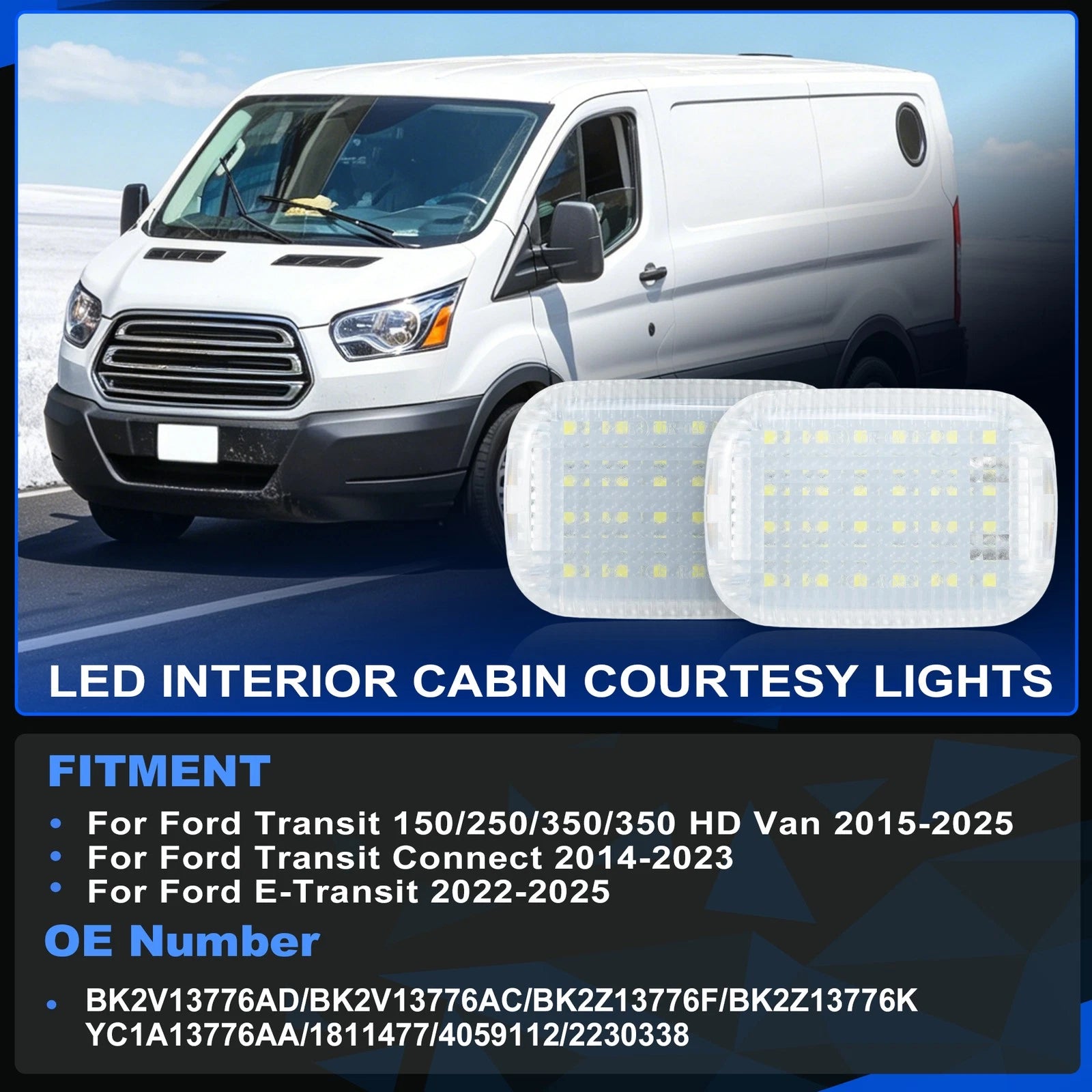2X Interior LED Dome Light for Ford Transit 150 250 350 HD (2015–2024)
