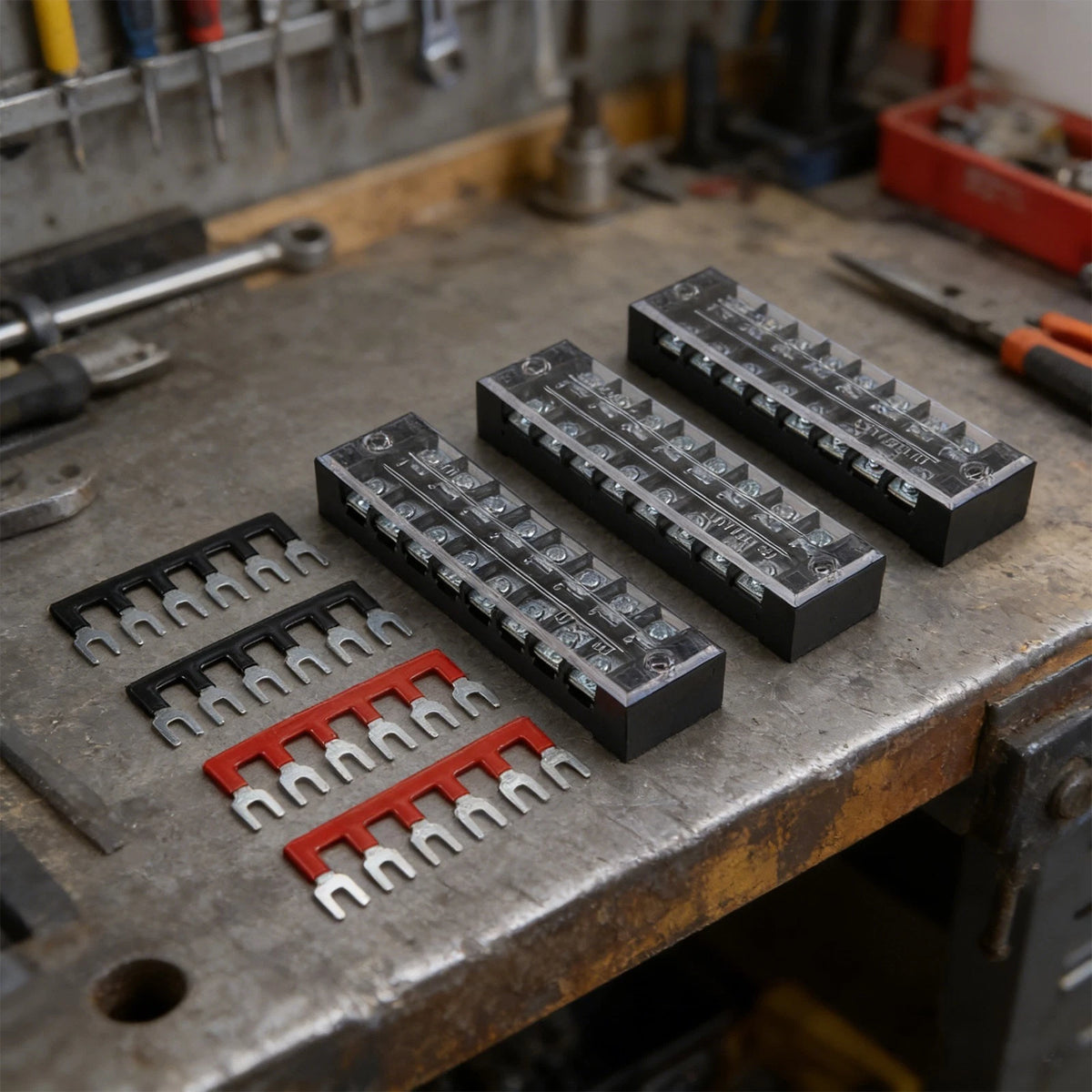 Set of 4 Terminal Blocks 600V 25A Double Row with Red Black Jumpers