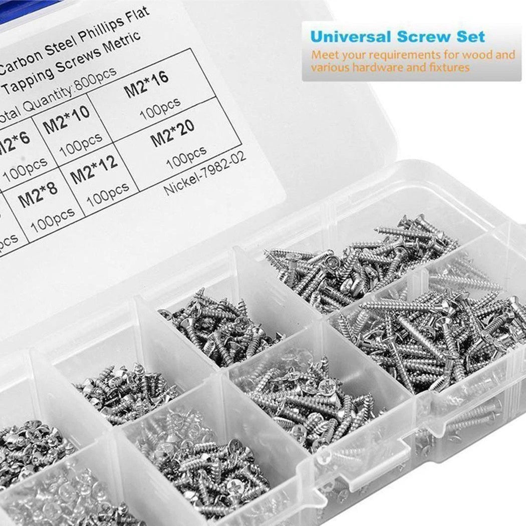 800pcs M2 Flat Head Self Tapping Screws Set 4mm - 20mm Steel Tool