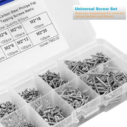 800pcs M2 Flat Head Self Tapping Screws Set 4mm - 20mm Steel Tool