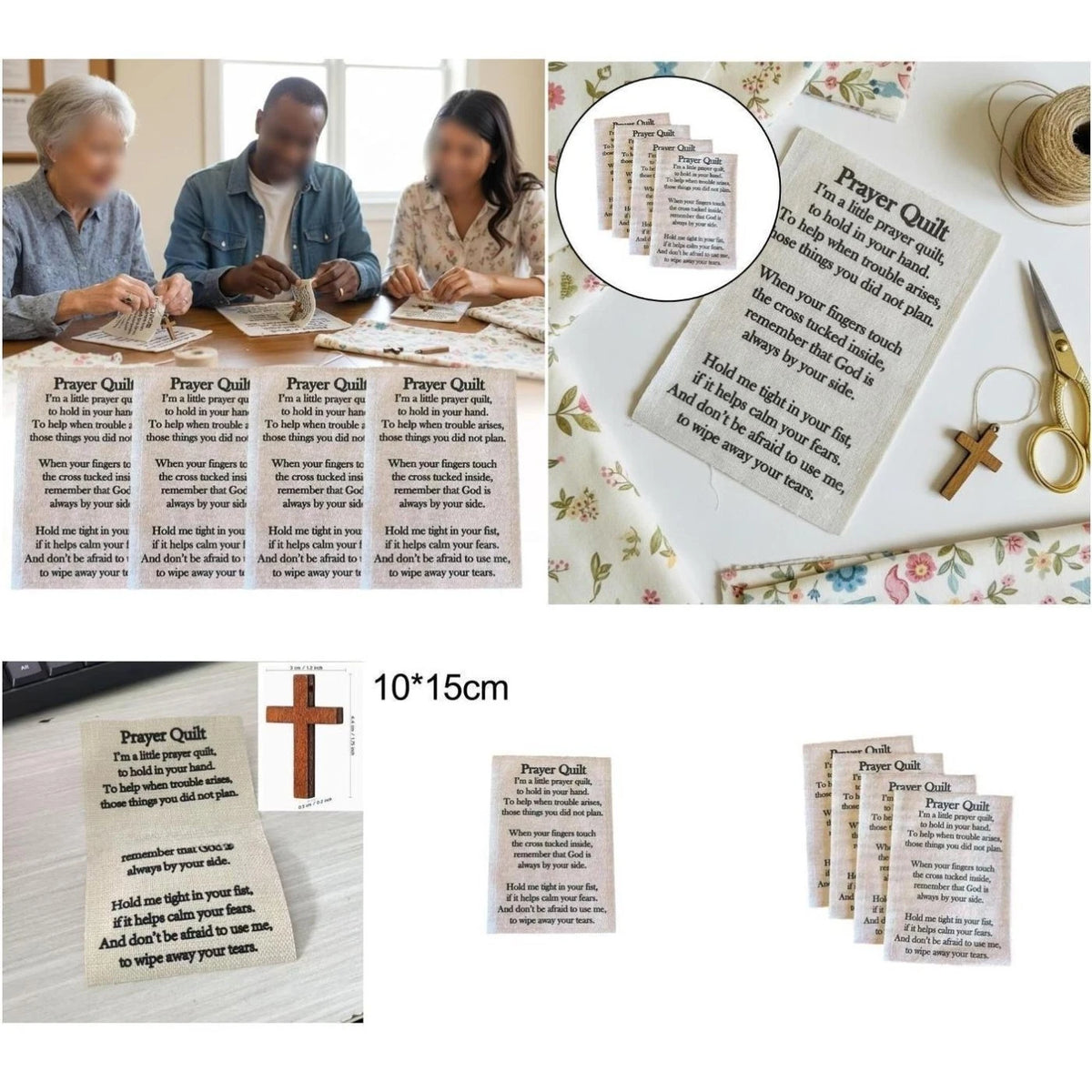 10pcs Prayer Quilt Fabric Text Panel 10x15cm Beige for Handmade Quilts