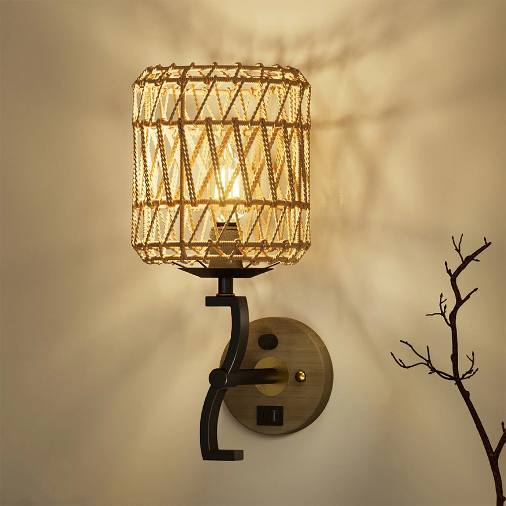 Wall Sconce with Rattan Shade Dimmable Rustic Light Weave Black Metal