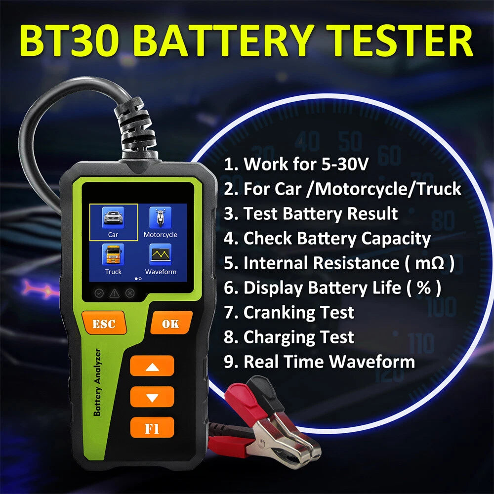 BT30 Battery Tester Analyser Diagnostic Tool For Car Motorcycle Truck 6V 12V 24V