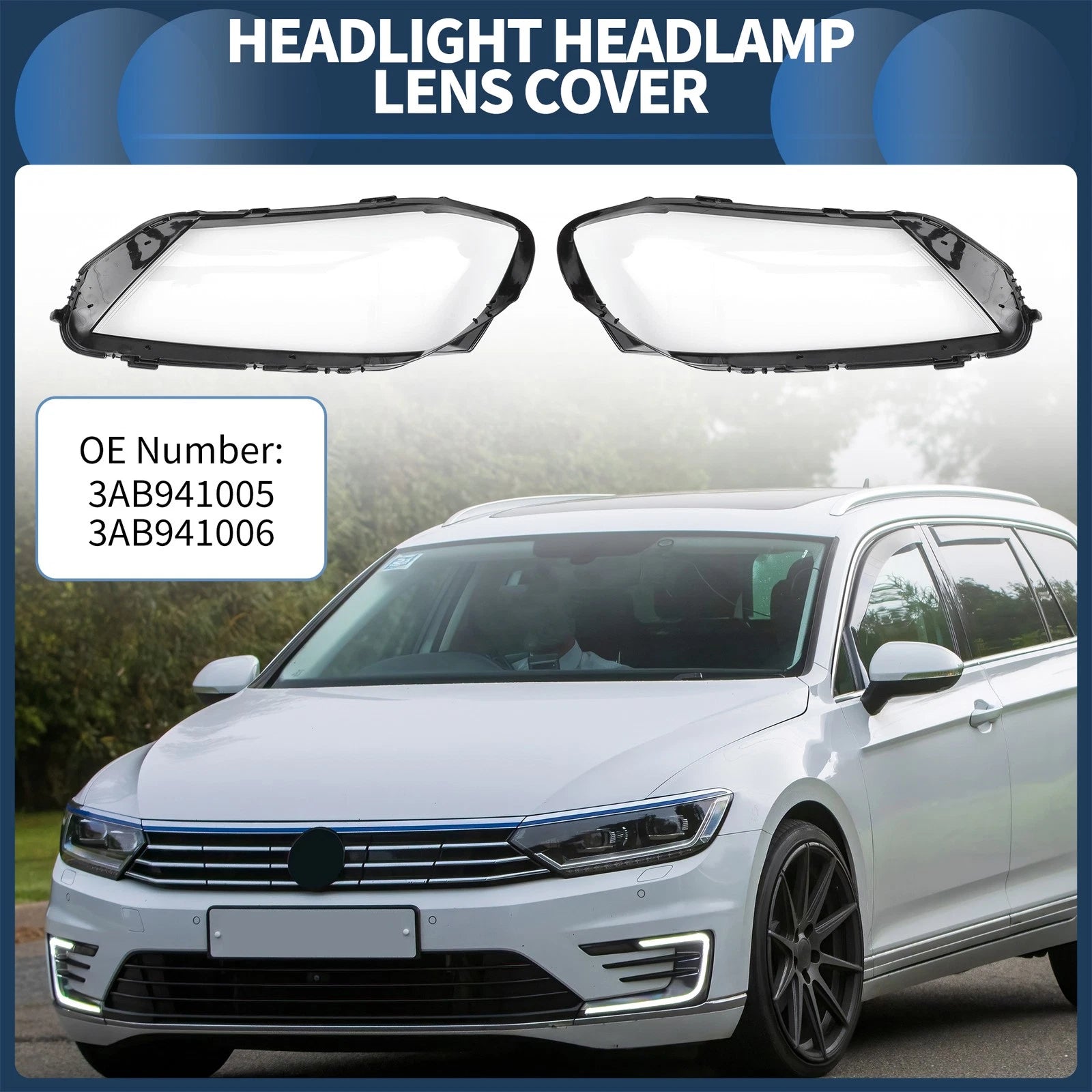 Headlight Lens Cover Pair Front Left Right for Volkswagen Passat B7 (2012–2015)