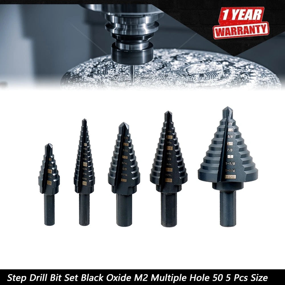 5-Piece Step Drill Bit Set Black Oxide M2 Multiple Hole 1/8"-1-3/8"