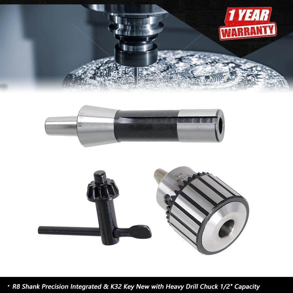 Drill Chuck with R8 Shank & K32 Key for Precision Tools (1/2" Capacity)
