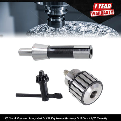 Drill Chuck with R8 Shank & K32 Key for Precision Tools (1/2" Capacity)