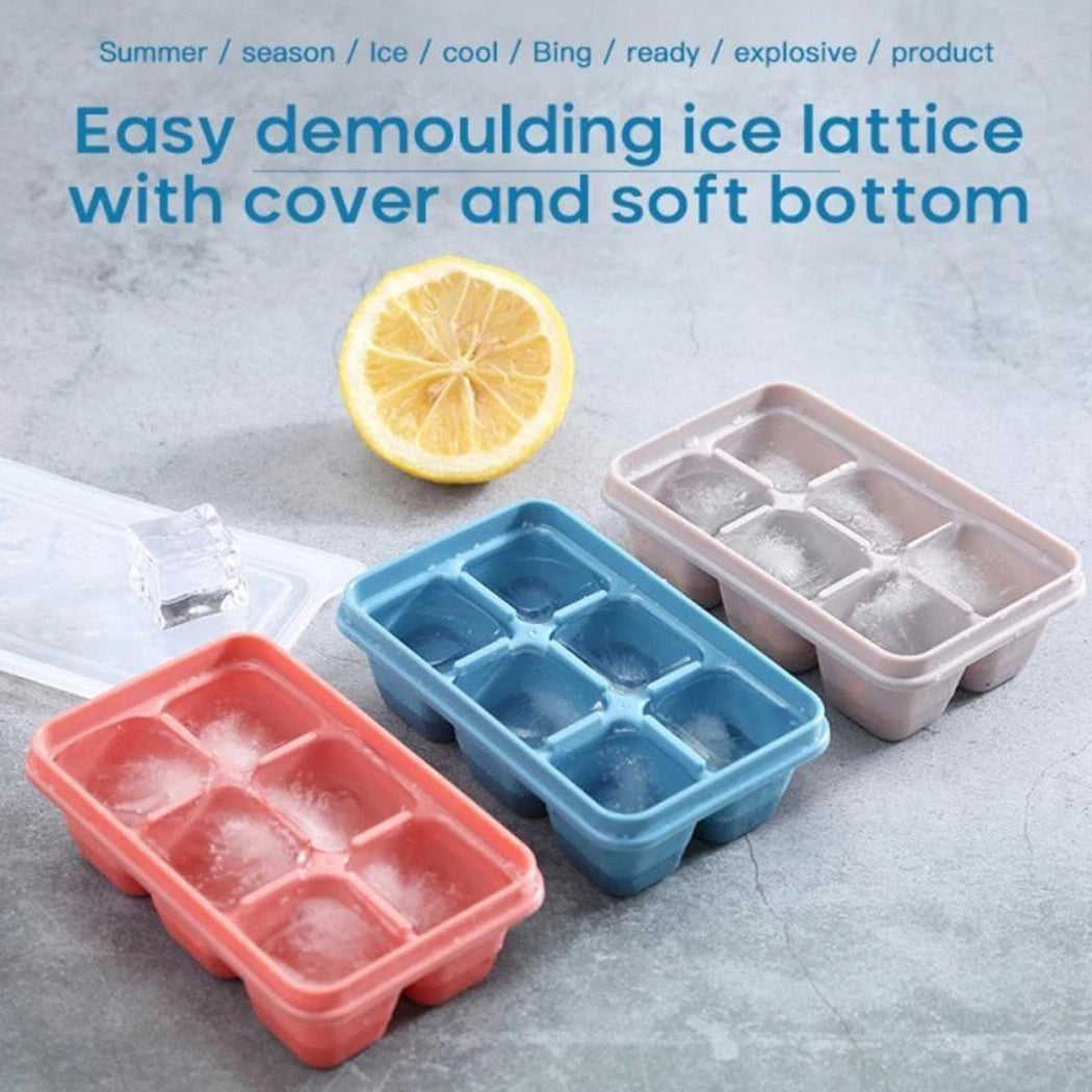 6 Cavity Ice Tray with Cover for Kitchen DIY Ice Maker Silicone Cube Box
