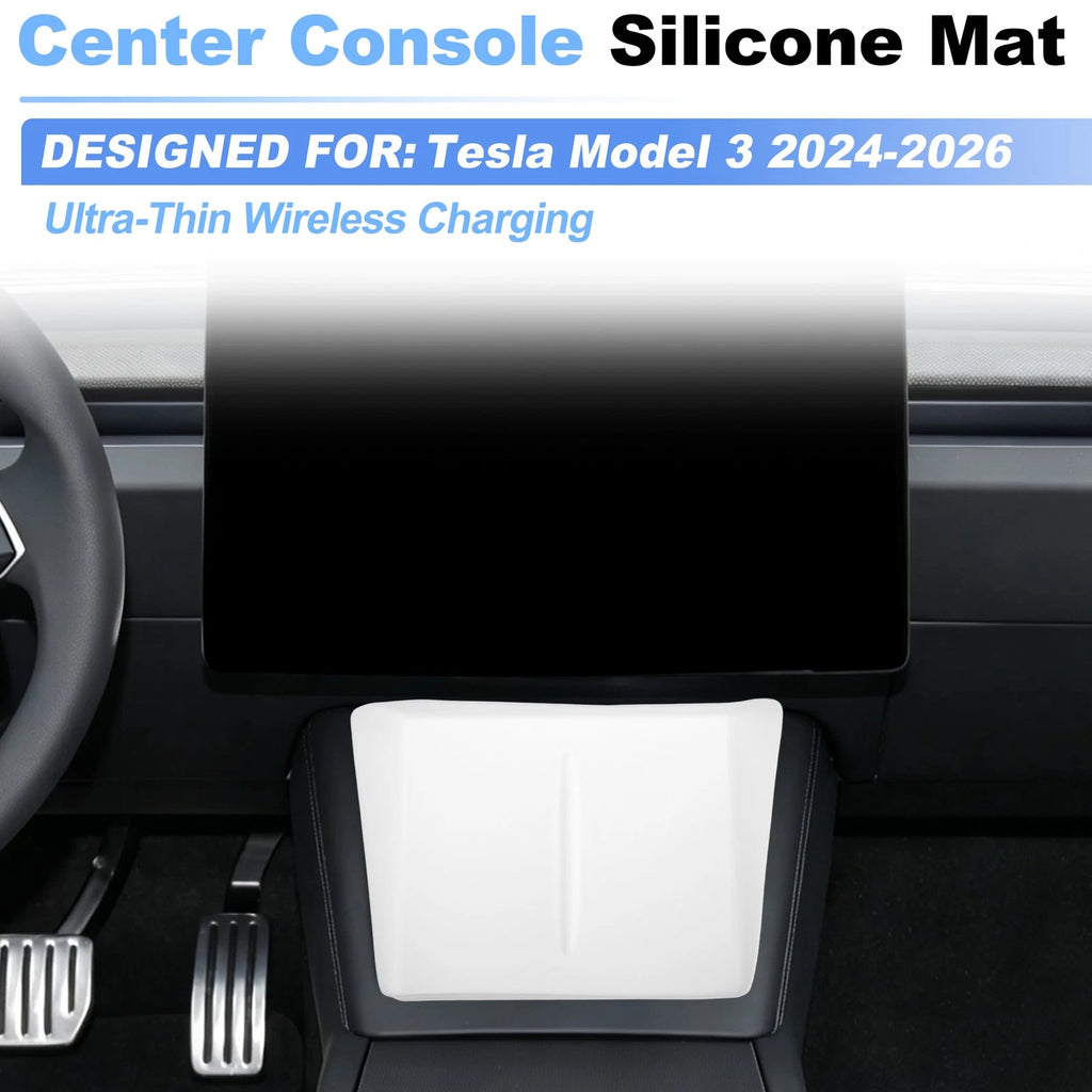 Center Console Silicone Mat for Tesla Model 3 (2024–2026) Wireless Charging Pad White