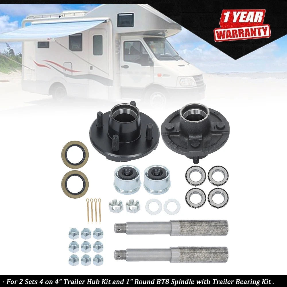 Set of 4 Trailer Hub Kit with 1" Round BT8 Spindle & Bearing Kit