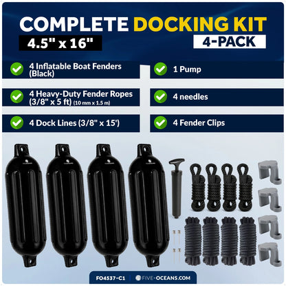Set of 4 Boat Fenders for (4.5"x16", Black)