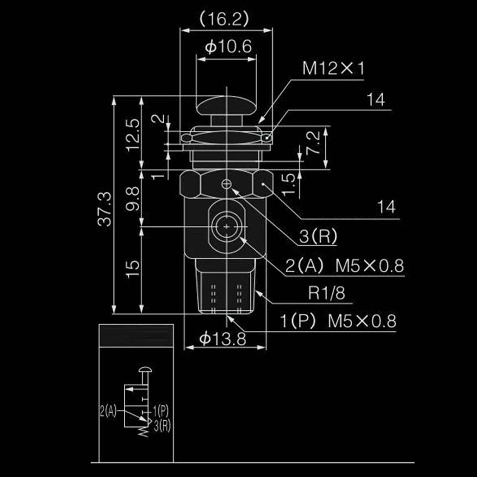 TAC-3P 2 Port 3 Position Push Button Switch Valve for M5 (0.8)