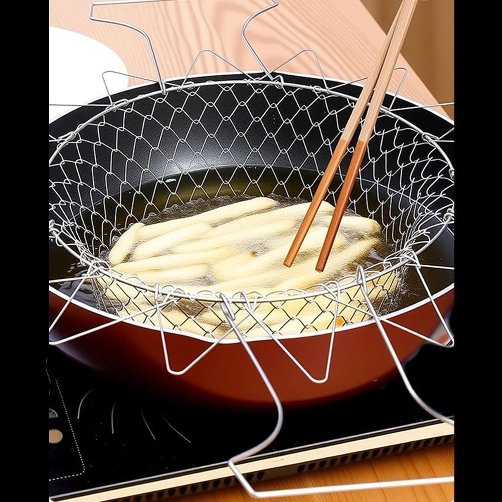Foldable Stainless Steel Cooking Strainer Basket for Frying and Draining