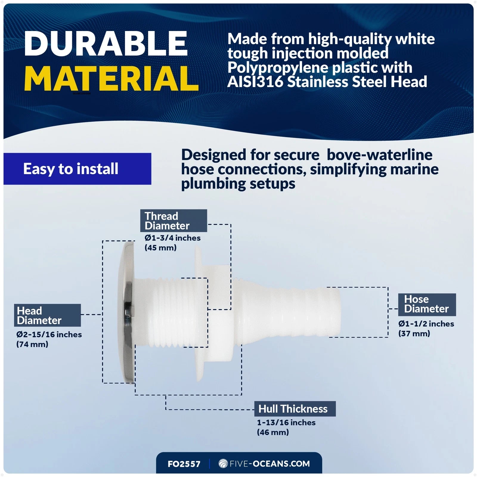 1-1/2 Inch Thru-Hulls with Stud for Hose - FO2557