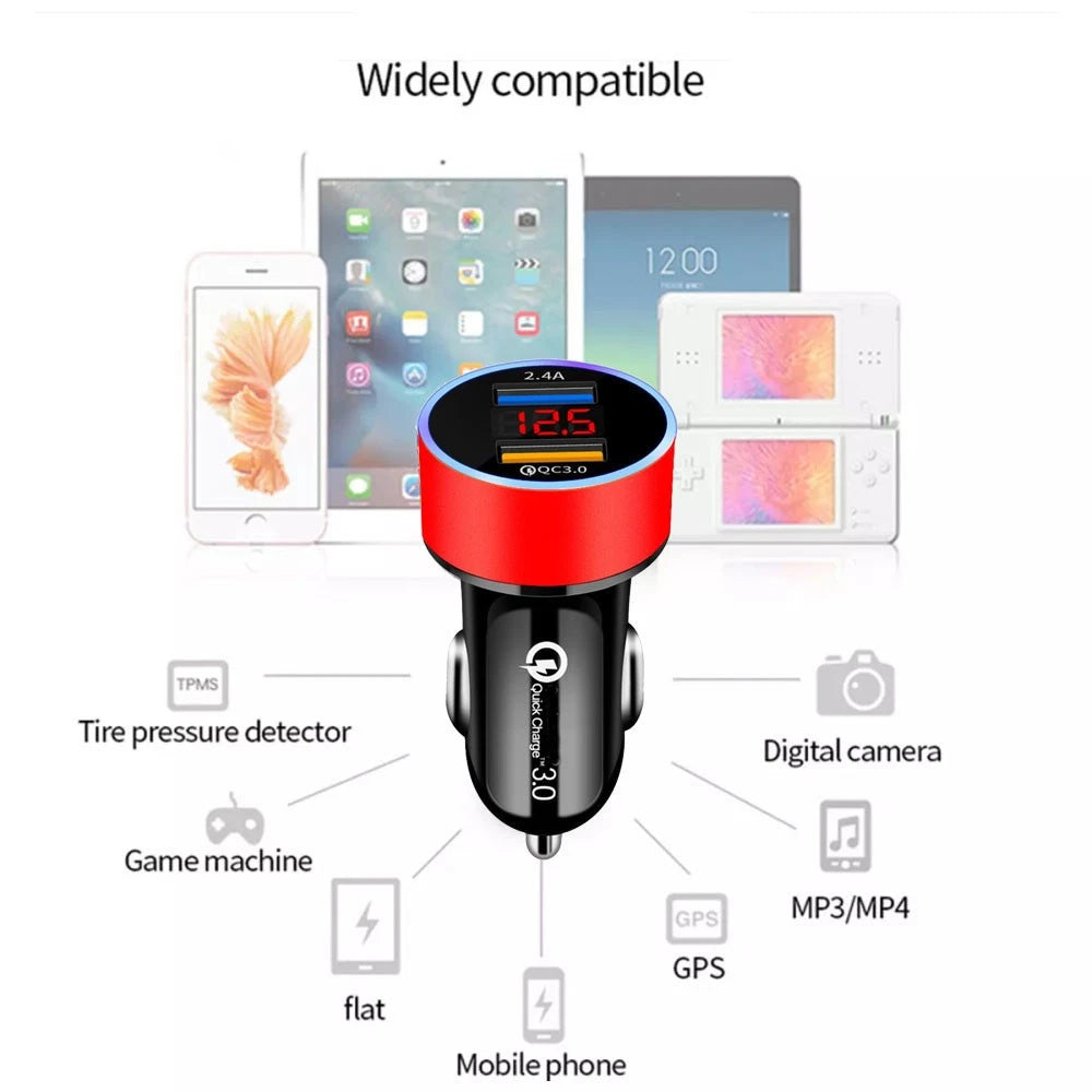 Dual USB QC3.0 Car Cigarette Lighter Socket Phone Charger Adapter with LED Display