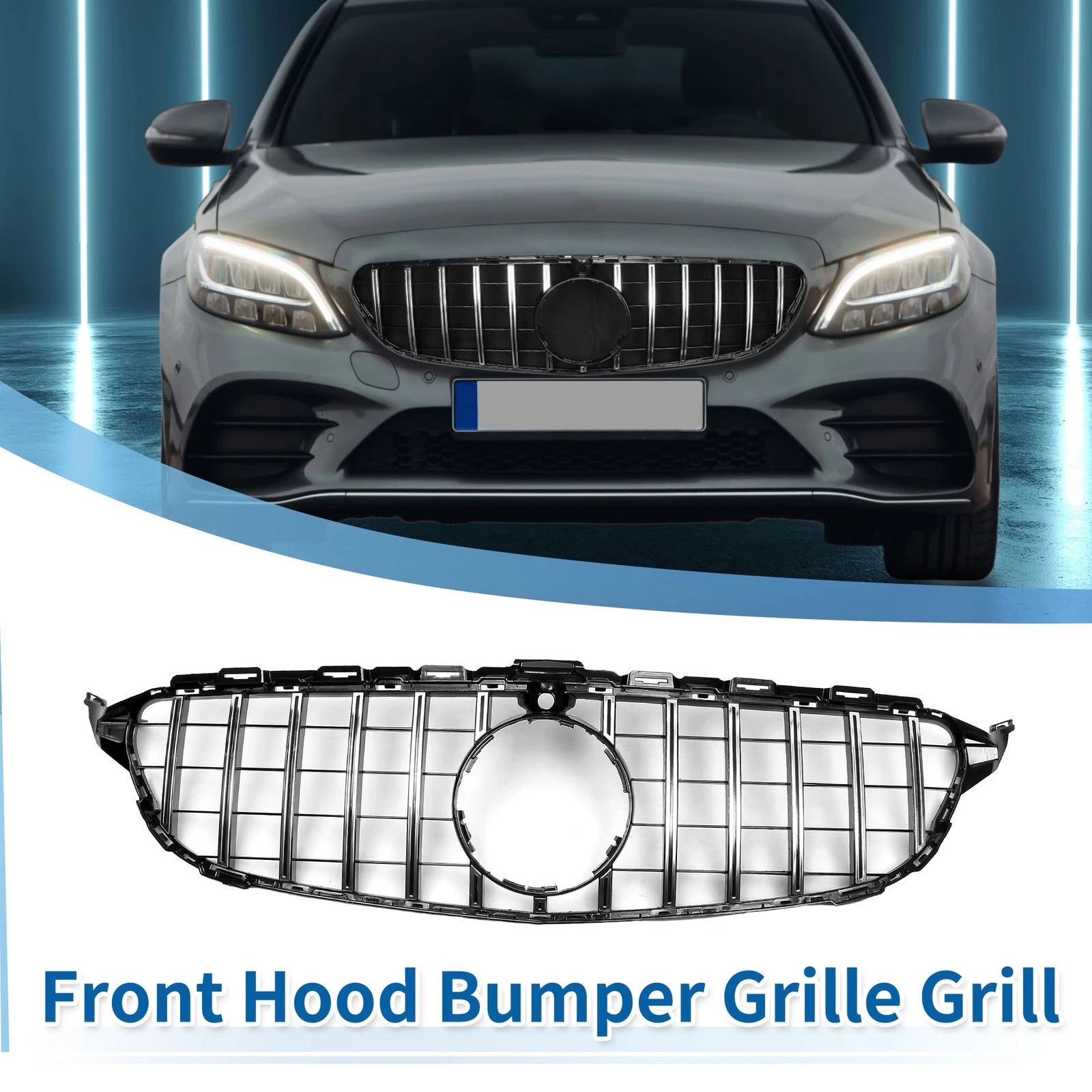 Front Upper Bumper Grille for Mercedes-Benz C250 Black Chrome (2015–2018)