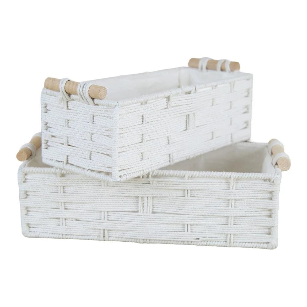 Set of 2 Handwoven Macrame Storage Baskets with Wooden Handles