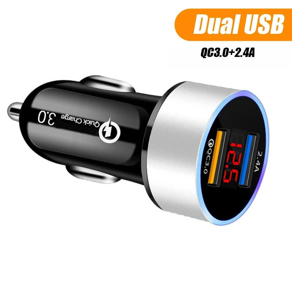QC3.0 Car Cigarette Lighter Socket Dual USB Phone Charger Adapter LED Display