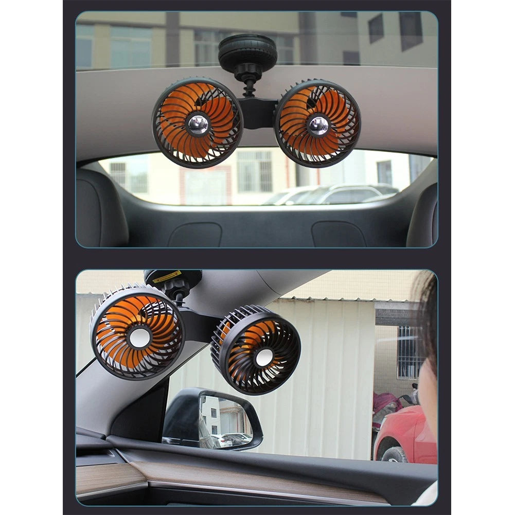 Dual Head Suction Cup Car Fan for 12V 24V Power Sources