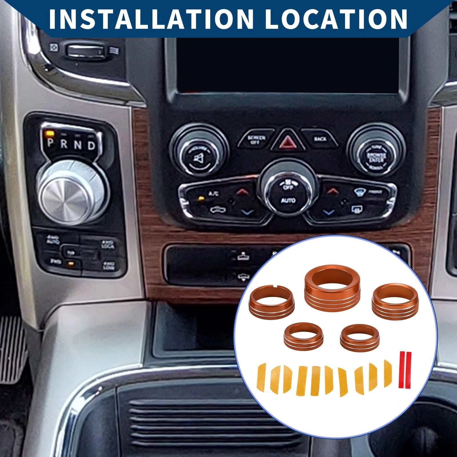 Gear Shift Headlight Media Knob Cover Set for Ram 1500 2013–2017 Orange 5PC