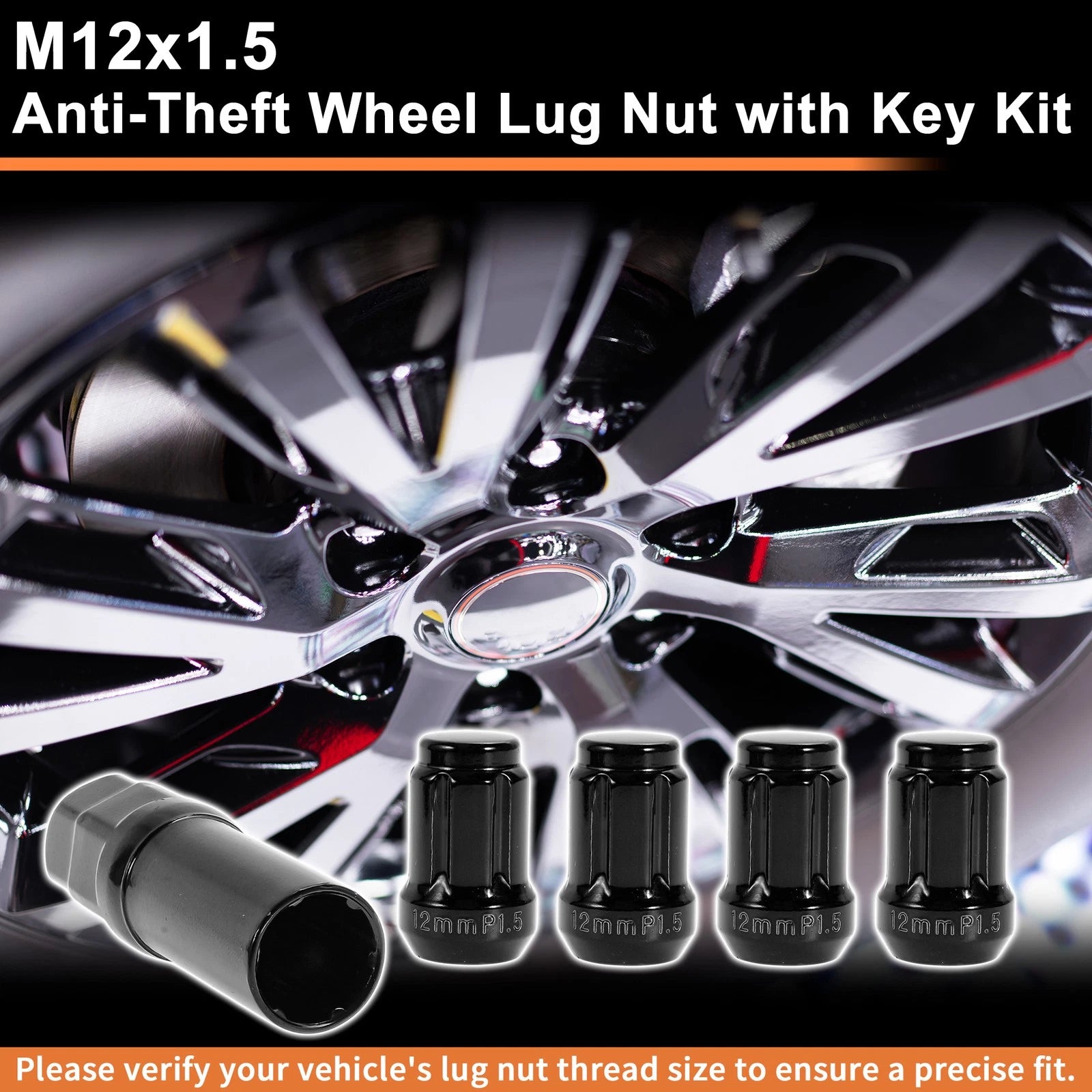 Wheel Locking Nut M12x1.5 with Key and Socket for Honda Toyota (Black)