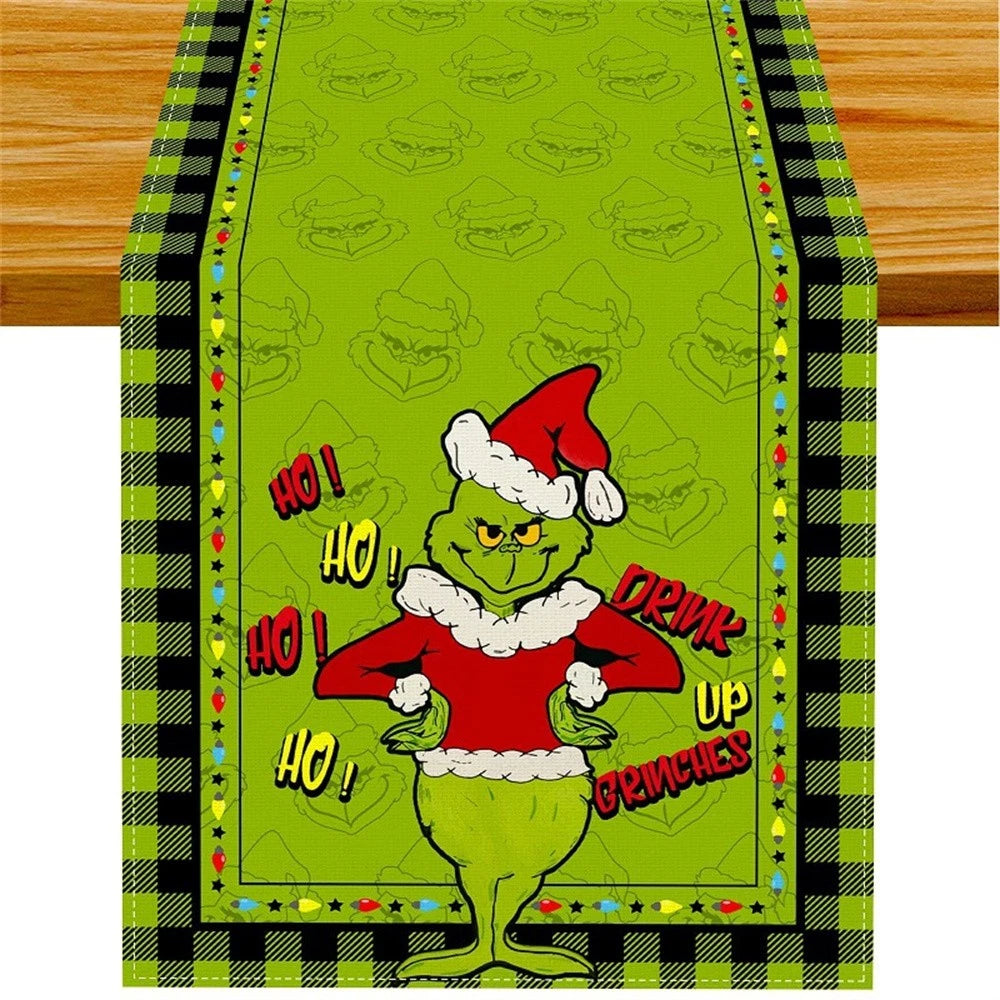 Linen Green Grinch Christmas Table Runner for Holiday Decor
