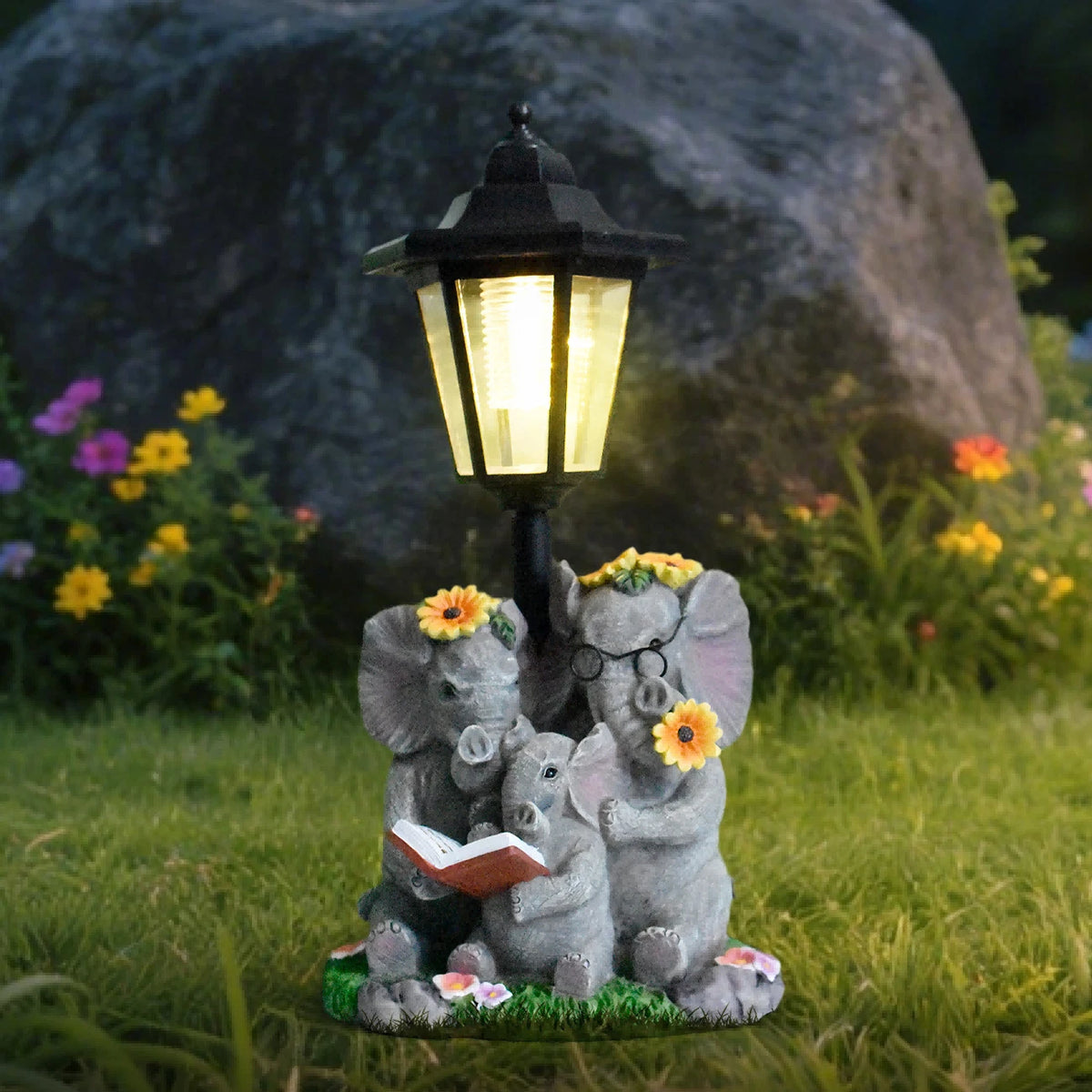 Outdoor Solar Powered Resin Elephant Statue Garden Light Decor