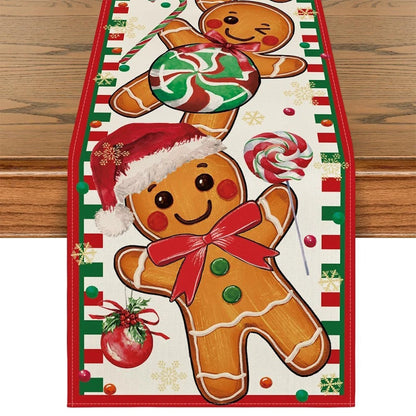 For Gingerbread Candy Cane Christmas Table Runner for Home Party Decor, 33x183cm