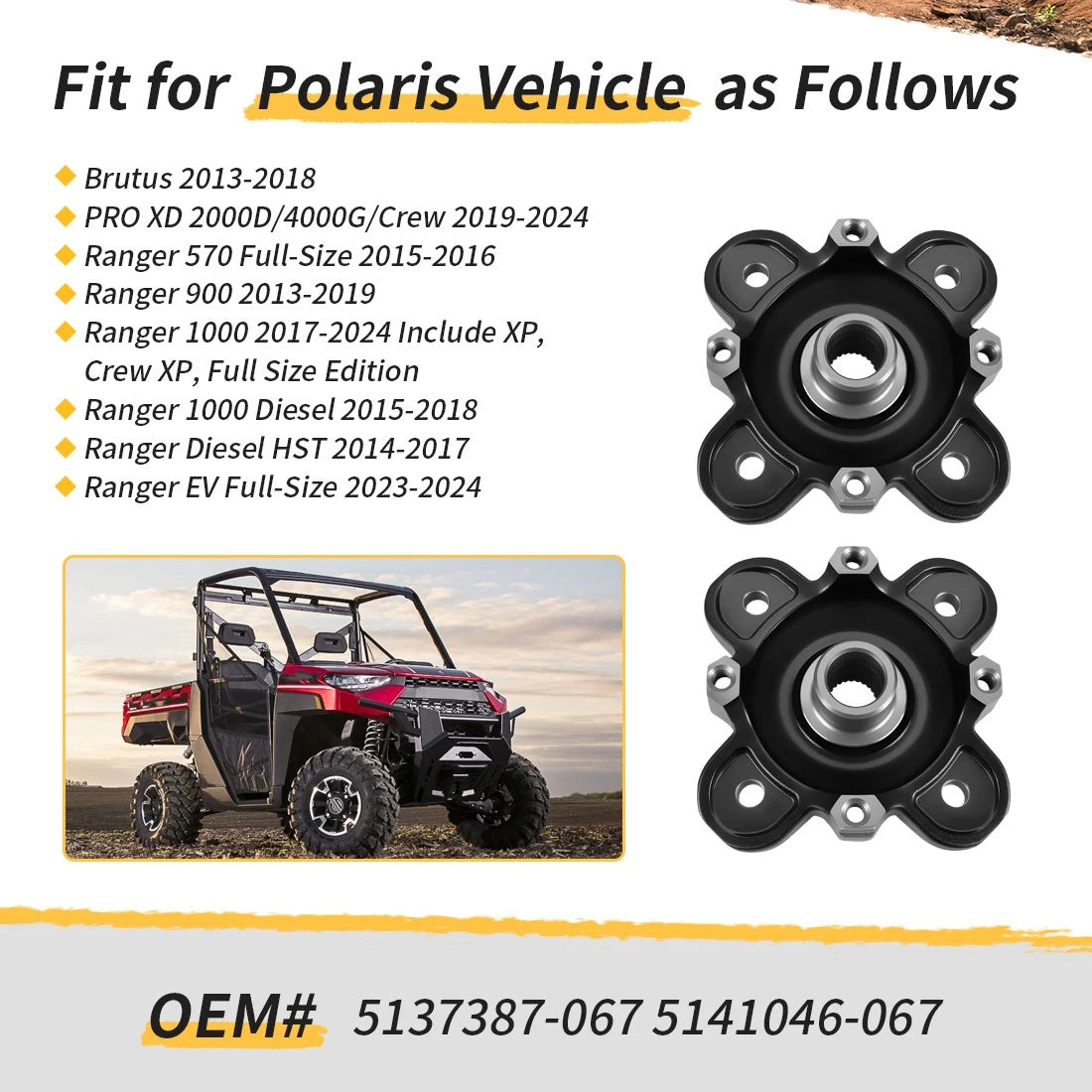 2 Front Wheel Hubs for Polaris Ranger XP 900 (2013–2019) XP 1000 (2017–2018)
