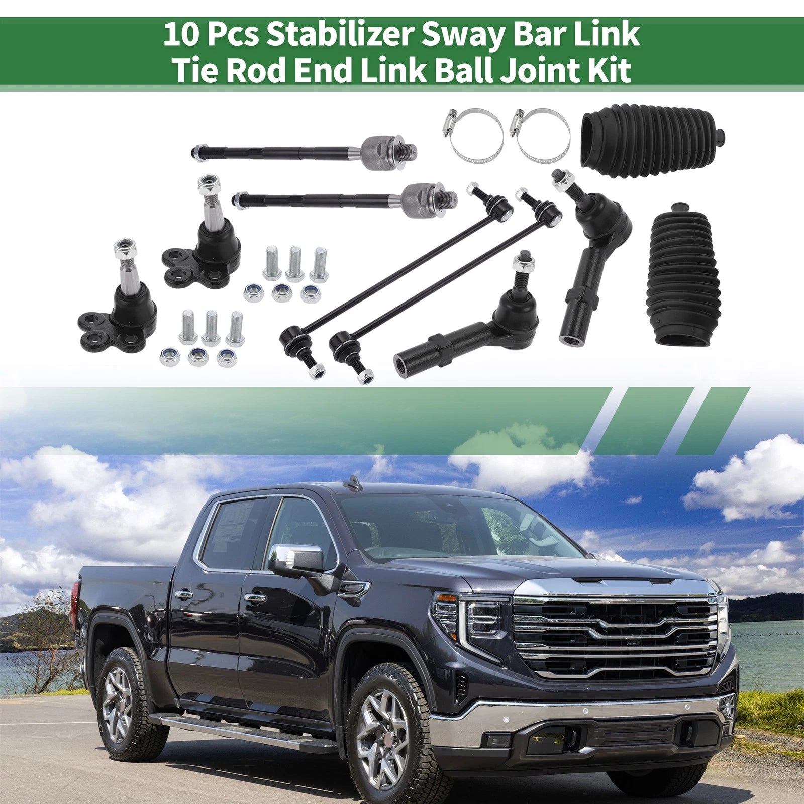 10 Pcs Front Suspension Kit Tie Rod Ends Sway Bar Links for GMC (2001–2010)