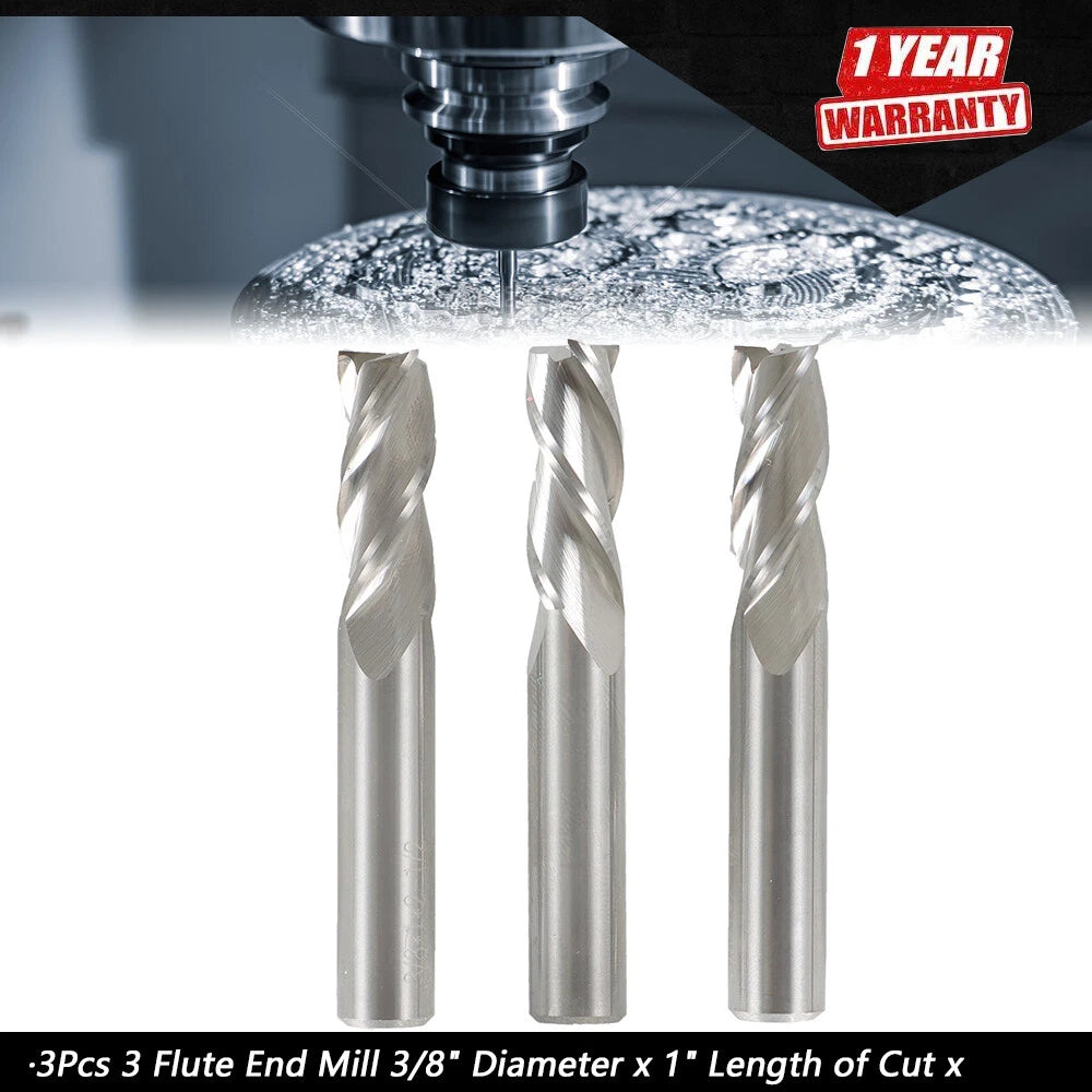 3Pcs 3 Flute End Mill 3/8" Regular Carbide (2-1/2" Overall Length)