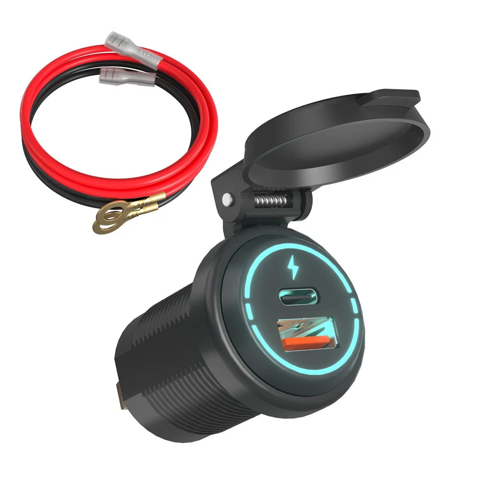Dual USB Type-C Port Car Charger Cigarette Lighter Socket Power Outlet with Wire