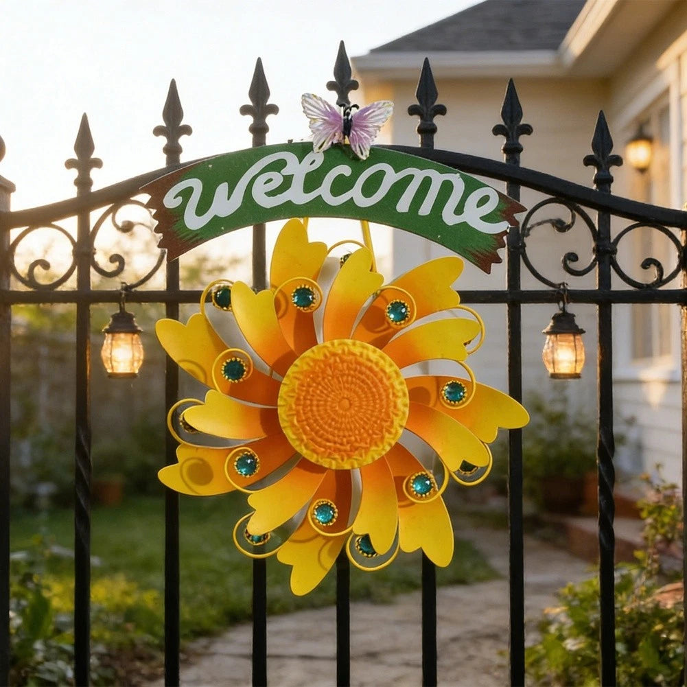 Garden Wind Spinner with Sunflower Pattern Iron Outdoor Windmill 30cm