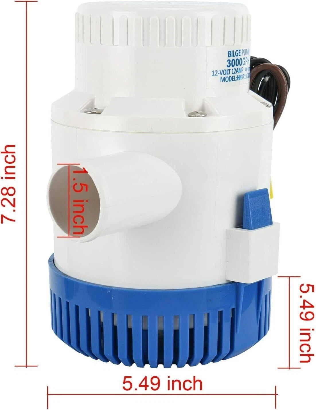 3000GPH 12V Non-Auto Submersible Bilge Pump for Boat (1-1/2" Hose)