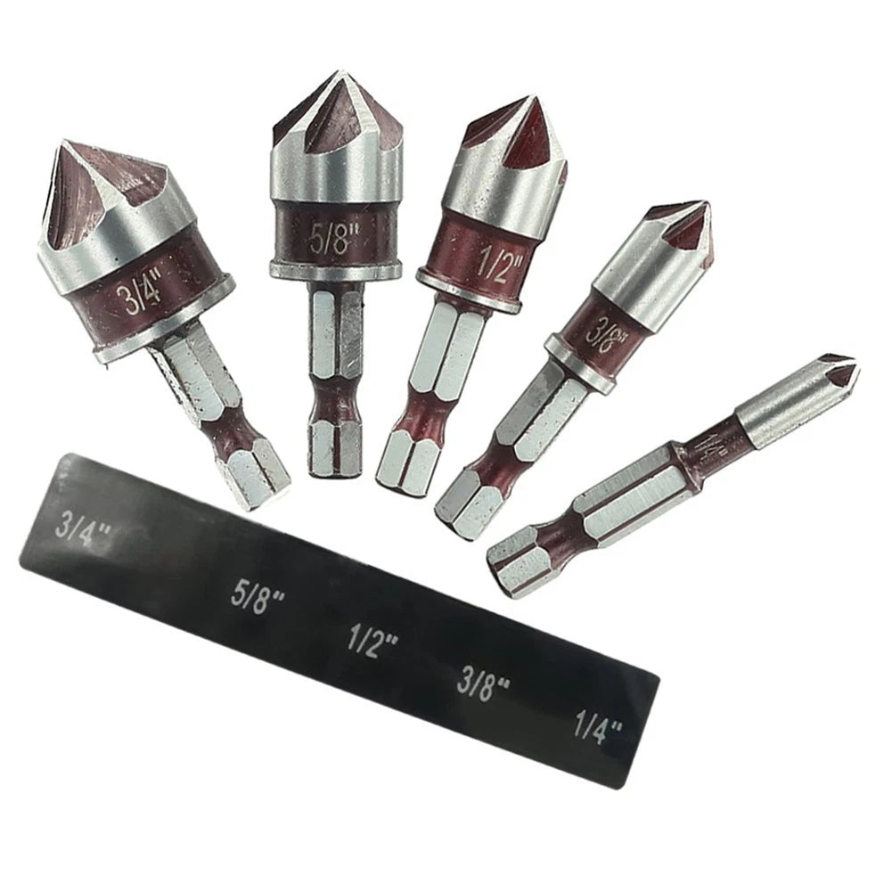 Set of 5 Flute Countersink Drill Bits 82 Degree Hex Shank 1/4 to 3/4