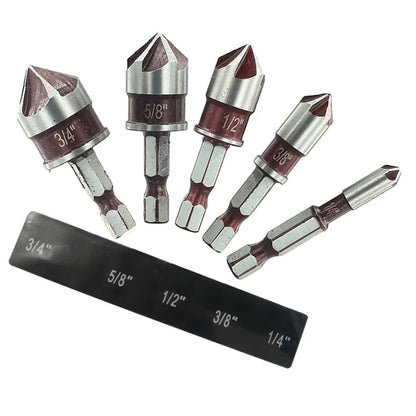 Set of 5 Flute Countersink Drill Bits 82 Degree Hex Shank 1/4 to 3/4