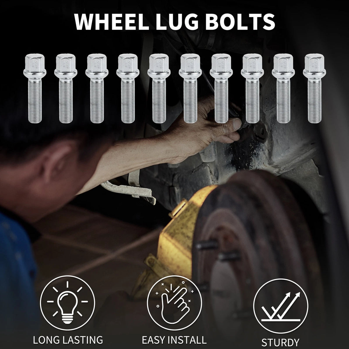 Wheel Lug Bolts M14x1.5 Ball Seat 45mm Shank Replacement for Volkswagen Audi (10) (—)