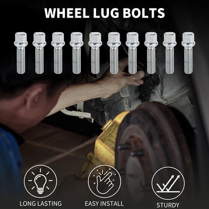 Wheel Lug Bolts M14x1.5 Ball Seat 45mm Shank Replacement for Volkswagen Audi (10) (—)