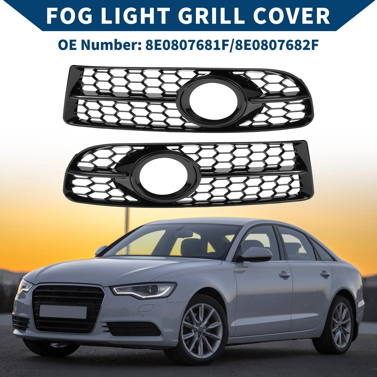 1 Pair Front Fog Light Grill for Audi A4 B7 S4 (2005–2008) No. 8E0807681F/8E0807682F Black