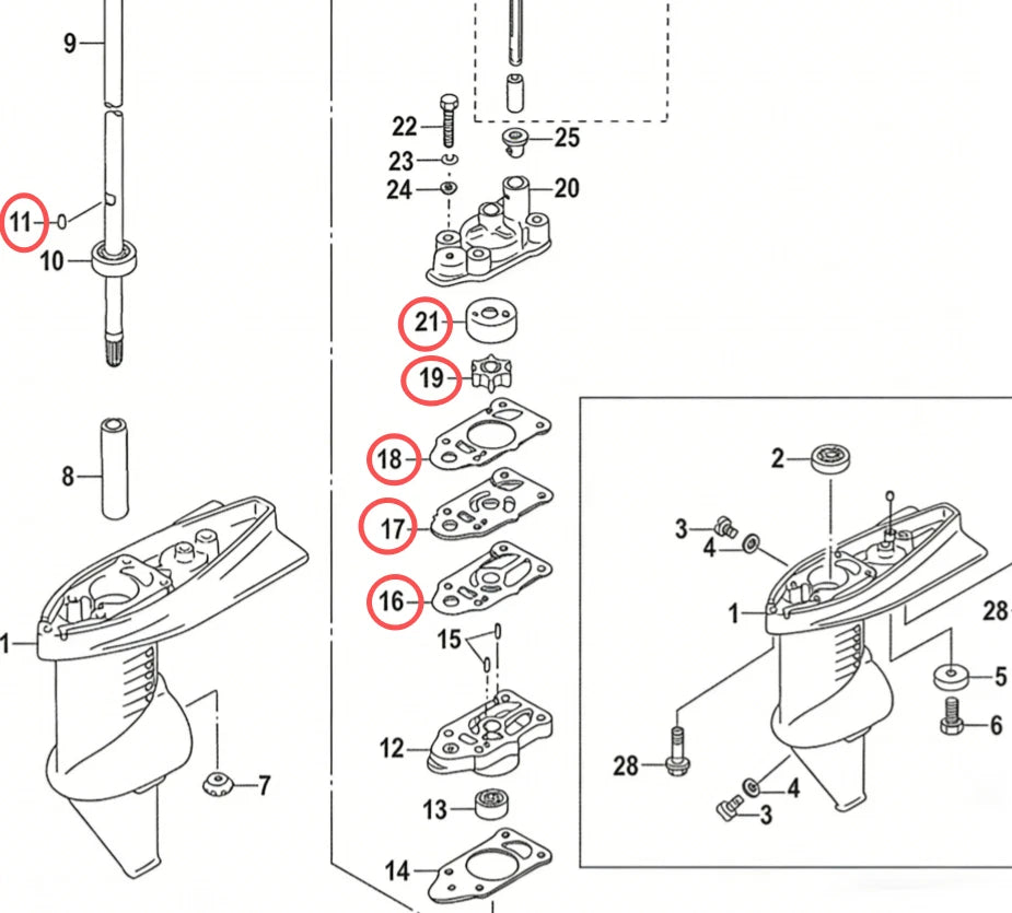 Water Pump Repair Service Kit for Mercury Mariner 2-3.5 HP (1990–2000) 16159A2 889246A16