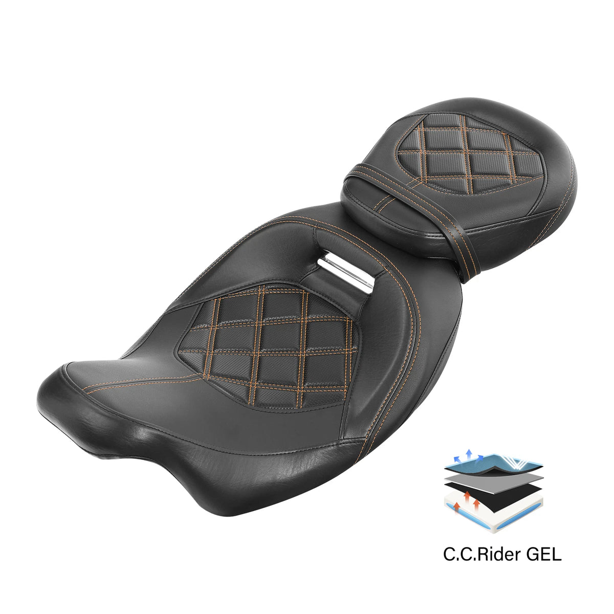 2-Up Gel Seat for Harley Touring (2009–2023) - Orange Stitching