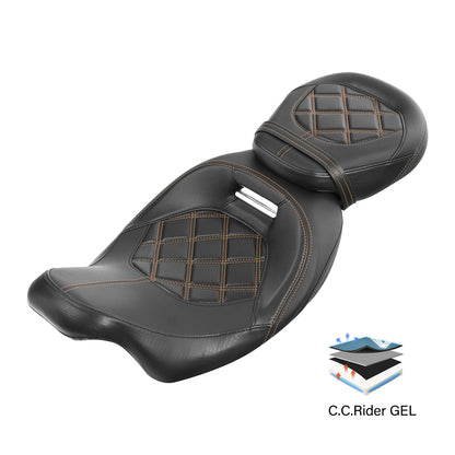 2-Up Gel Seat for Harley Touring (2009–2023) - Orange Stitching
