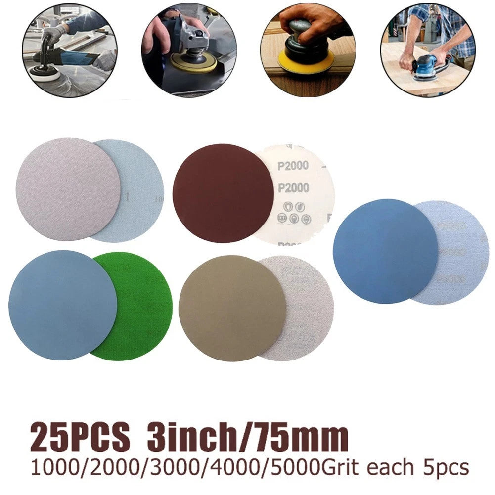 25X 75mm Hook & Loop Sanding Discs for Orbital Sander (1000-5000 Grit)