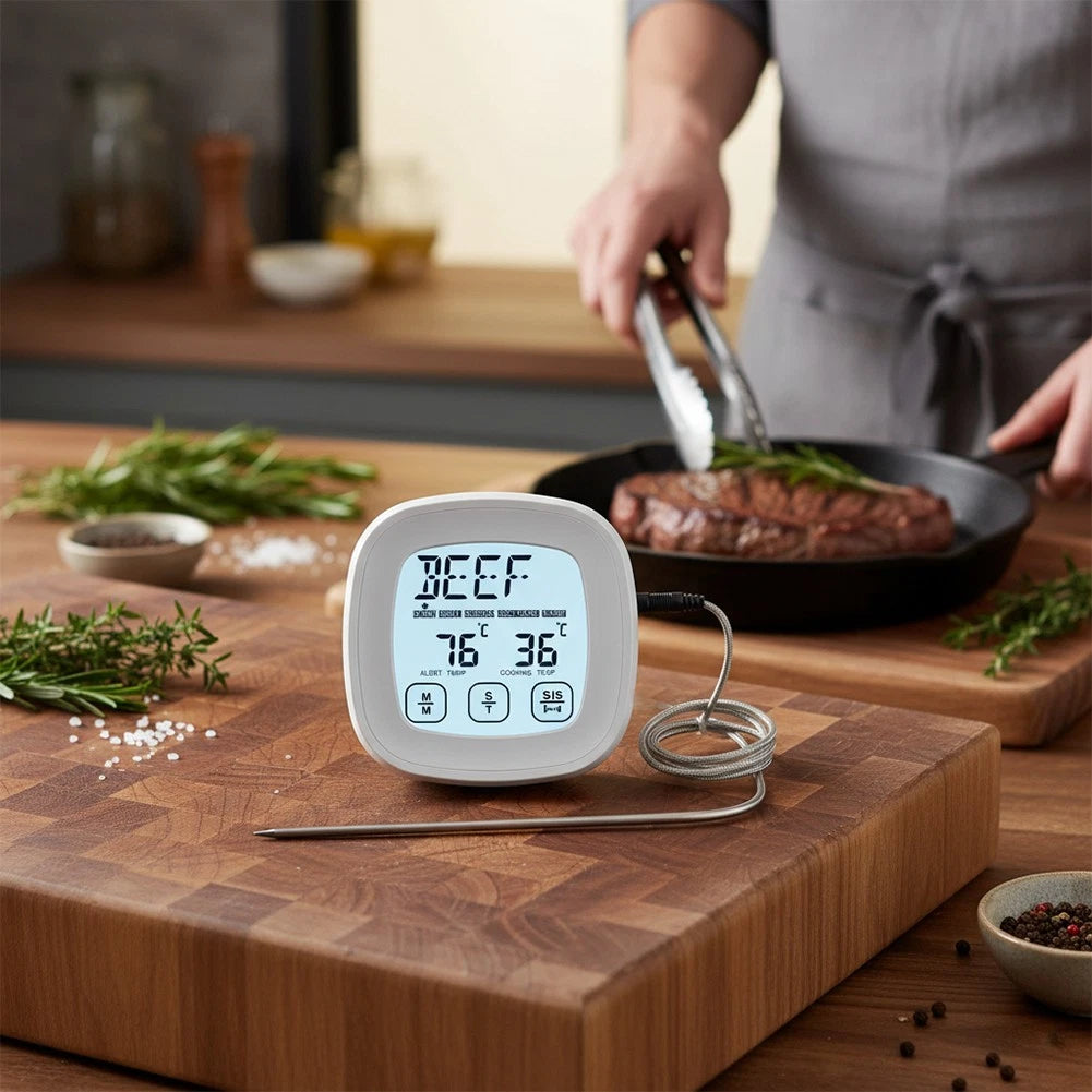 Electronic BBQ Thermometer with Touch Screen and Timer for Grilling Meat