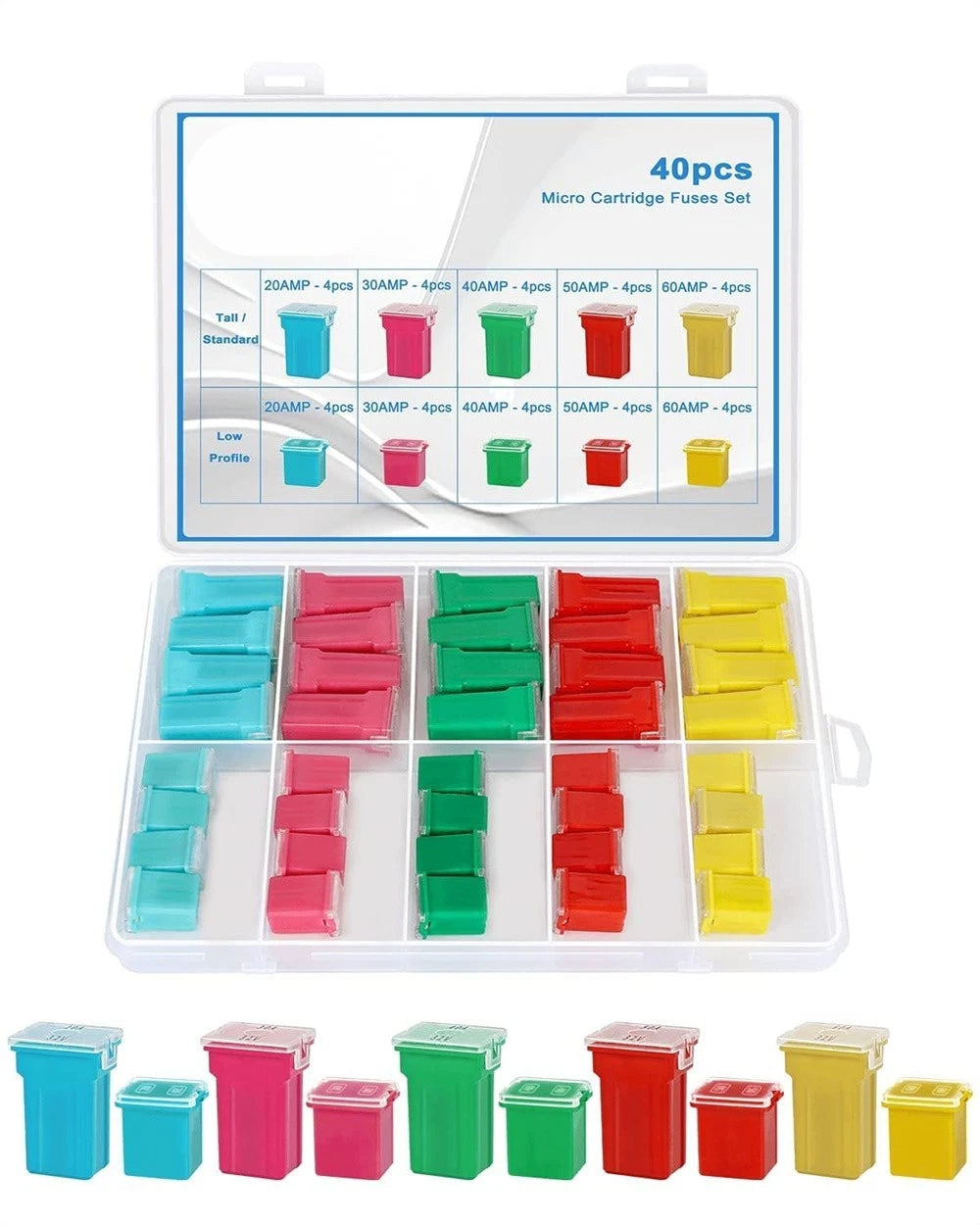 40Pcs Jcase Fuse Assortment Kit Low Profile & Tall/Standard