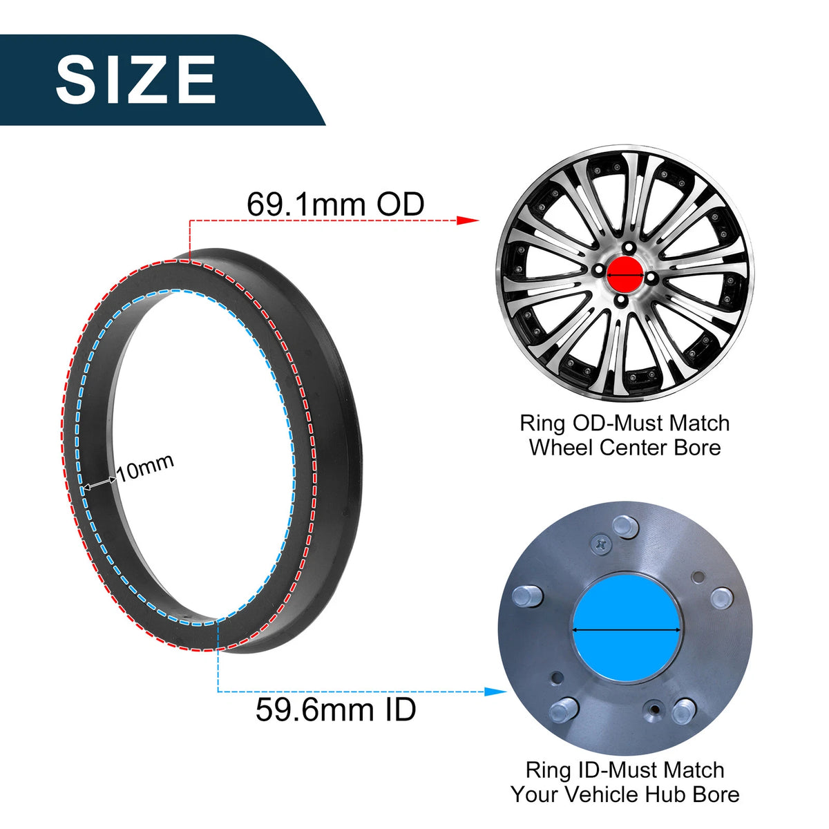 Set of 4 Wheel Hub Centric Rings 69.1mm to 59.6mm Black Polycarbonate